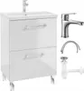 A white bathroom vanity set with a sink, faucet, and plumbing parts, displayed against a white background. Produktbild-Vorschau