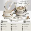 A collection of cookware and kitchen utensils arranged on a light gray surface, with numbered labels pointing to different items. Produktbild-Vorschau