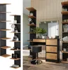 A split image showing a corner shelving unit on the left and a vanity set with a mirror and stool on the right. Podgląd zdjęcia produktu