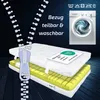 A mattress is shown with a zipper graphic overlay, indicating it's removable and washable. A washing machine graphic and care symbols are also present. Produktbild-Vorschau