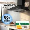A black kitchen range hood is shown in a modern kitchen setting, with promotional text and energy efficiency labels overlaid. Produktbild-Vorschau