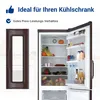 A collage showing a brown refrigerator door with a handle and an open refrigerator interior filled with food and drinks. Produktbild-Vorschau