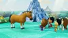 A group of stylized characters interacting with a horse in a fantasy landscape. Produktbild-Vorschau
