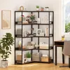 A corner bookshelf filled with various decorative items and books, placed in a room with a window and a desk. Podgląd zdjęcia produktu