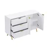A white sideboard with gold accents and fluted drawer fronts, shown with three drawers pulled out and one door open. Podgląd zdjęcia produktu