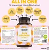 A product shot of a bottle of Yes Vegan! Sun Vitamins D3 + K2, surrounded by marketing graphics and ingredient information. Produktbild-Vorschau