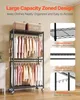 A metal garment rack with clothes hanging on it and baskets on top, with feature callouts on the right. Produktbild-Vorschau