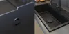 A collage showing a close-up of a sink drain and a black kitchen sink with a faucet. Podgląd zdjęcia produktu