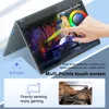 A person's hand is touching the screen of a laptop, which is displaying a colorful graphic design. The laptop is in a tent mode, and there are text overlays and icons around it. Produktbild-Vorschau
