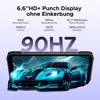 A smartphone displaying a car on its screen, with feature callouts above. Produktbild-Vorschau
