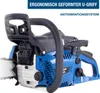 A blue and black chainsaw with text overlays highlighting its features. Produktbild-Vorschau