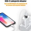A smartphone is being charged by a USB-C adapter plugged into a power strip. Produktbild-Vorschau