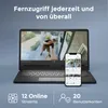 A laptop and smartphone displaying security camera feeds, with text highlighting remote access features and icons indicating stream and user count. Produktbild-Vorschau