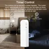 A split image showing a bedroom in daylight and at night, with a smart curtain motor prominently displayed. The text highlights the timer control feature. Podgląd zdjęcia produktu