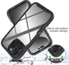A black iPhone case with a transparent back is shown at an angle, with a graphic illustrating its shock absorption feature. Produktbild-Vorschau