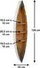 A wooden shelf shaped like a boat, with dimensions indicated by text and arrows. Podgląd zdjęcia produktu
