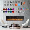 A modern electric fireplace is shown in a living room setting, with decorative elements and icons highlighting its features. Produktbild-Vorschau