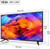 A television screen displaying a colorful abstract image, with dimensions and VESA mount information overlaid. Produktbild-Vorschau