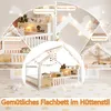 A collage of images showcasing a white wooden house-shaped children's bed with various decorative elements and features highlighted. Produktbild-Vorschau