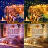 Collage of four images showing string lights in different settings: outdoors by a camper, indoors in a bedroom, and close-ups of the lights. Produktbild-Vorschau