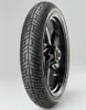 A motorcycle tire mounted on a black rim, presented against a plain white background. Podgląd zdjęcia produktu