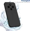 A black smartphone case is shown with water splashing around it, suggesting water resistance. Text in German indicates 'liquid-repellent surface'. Produktbild-Vorschau