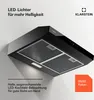 A black kitchen hood is shown against a light gray and white background, with text overlays highlighting its features. Podgląd zdjęcia produktu