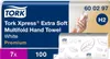 A product image for Tork Xpress Extra Soft Multifold Hand Towels, showing the packaging and a hand using a towel. Produktbild-Vorschau