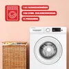 A washing machine with a laundry basket next to it, with marketing text overlays. Produktbild-Vorschau