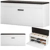 A white shoe cabinet with a black top, shown from the front and with the doors open to reveal shoe storage. Podgląd zdjęcia produktu