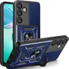 A blue and black phone case with a camera cover and ring holder is displayed from multiple angles. Produktbild-Vorschau