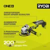 A marketing image for a Ryobi angle grinder, highlighting its features with text overlays and a product shot. Produktbild-Vorschau