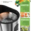 A juicer is shown in the foreground, with recipe cards for juices featuring fruits and vegetables on the right side of the image. Náhľad obrázku produktu