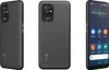 Three views of a Doro 8100 Plus smartphone against a light gray background. Produktbild-Vorschau