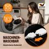 A woman is putting a folded blanket into a washing machine, with icons indicating washability and temperature. Produktbild-Vorschau