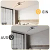 A split image showing a modern ceiling lamp in a bedroom, with one panel indicating 'ON' and the other 'OFF'. Voir les images du produit