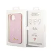 A pink glitter phone case is displayed inside its packaging, with the packaging open to reveal the product and information on the inside flap. Produktbild-Vorschau
