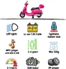 A pink ride-on Vespa scooter for children, with various feature icons and text descriptions. Anteprima dell’immagine prodotto