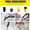 Collage of images showing small round brushes for a steam cleaner and the brushes being used in various cleaning scenarios. Produktbild-Vorschau