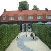 A backyard garden with a paved path, hedges, and a house in the background. Podgląd zdjęcia produktu