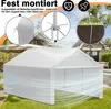 A white tent is shown in a garden setting, with close-up insets highlighting its assembly and stability features. Produktbild-Vorschau