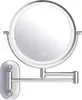 A wall-mounted LED makeup mirror with an adjustable arm.