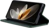 A green leather flip case for a smartphone is shown in a studio setting. Produktbild-Vorschau