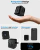 A hand holding a compact travel adapter, with other product shots and text descriptions below. Náhled obrázku produktu