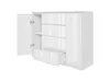A white high-gloss dresser with four drawers and a cabinet with a door, shown against a white background. Produktbild-Vorschau