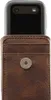 A close-up shot of a brown leather phone case with a metallic snap closure, with the top of a black phone visible inside. Anteprima dell’immagine prodotto