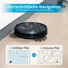 A robotic vacuum cleaner is shown on a wooden floor, with a graphic comparing two navigation paths. Produktbild-Vorschau