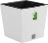 A white square planter with a textured surface, shown from a slightly elevated front-facing angle. A product tag is attached to the upper rim. Náhľad obrázku produktu