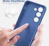 A hand is shown touching a blue phone case, highlighting its matte surface and soft grip. Produktbild-Vorschau