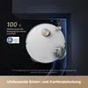 A robot vacuum cleaner is shown in a corner, with a blue light highlighting its cleaning path. Text and logos are present. Produktbild-Vorschau